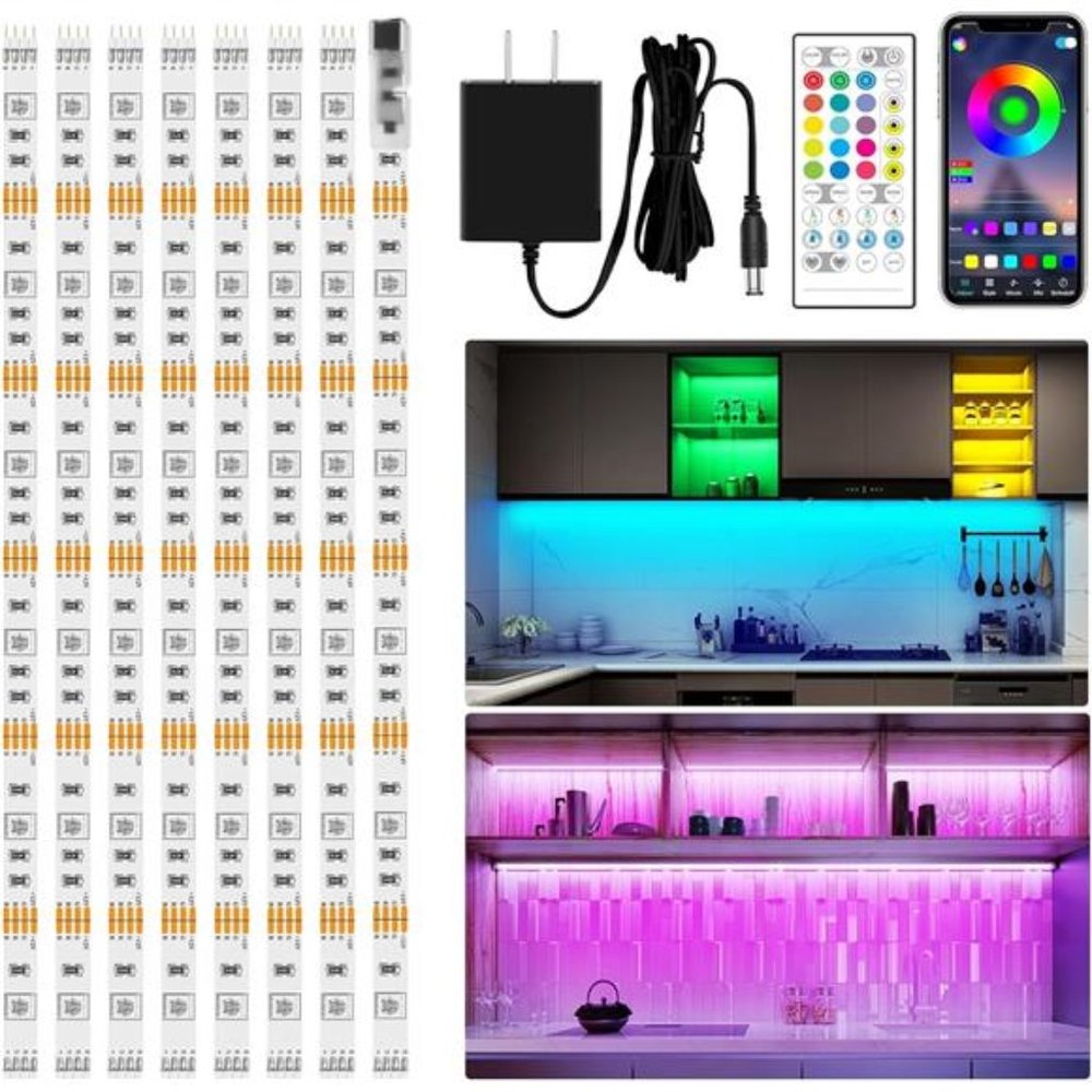 8 PCS RGB Under Cabinet Lighting Kit, App and Remote Control Strip Lights